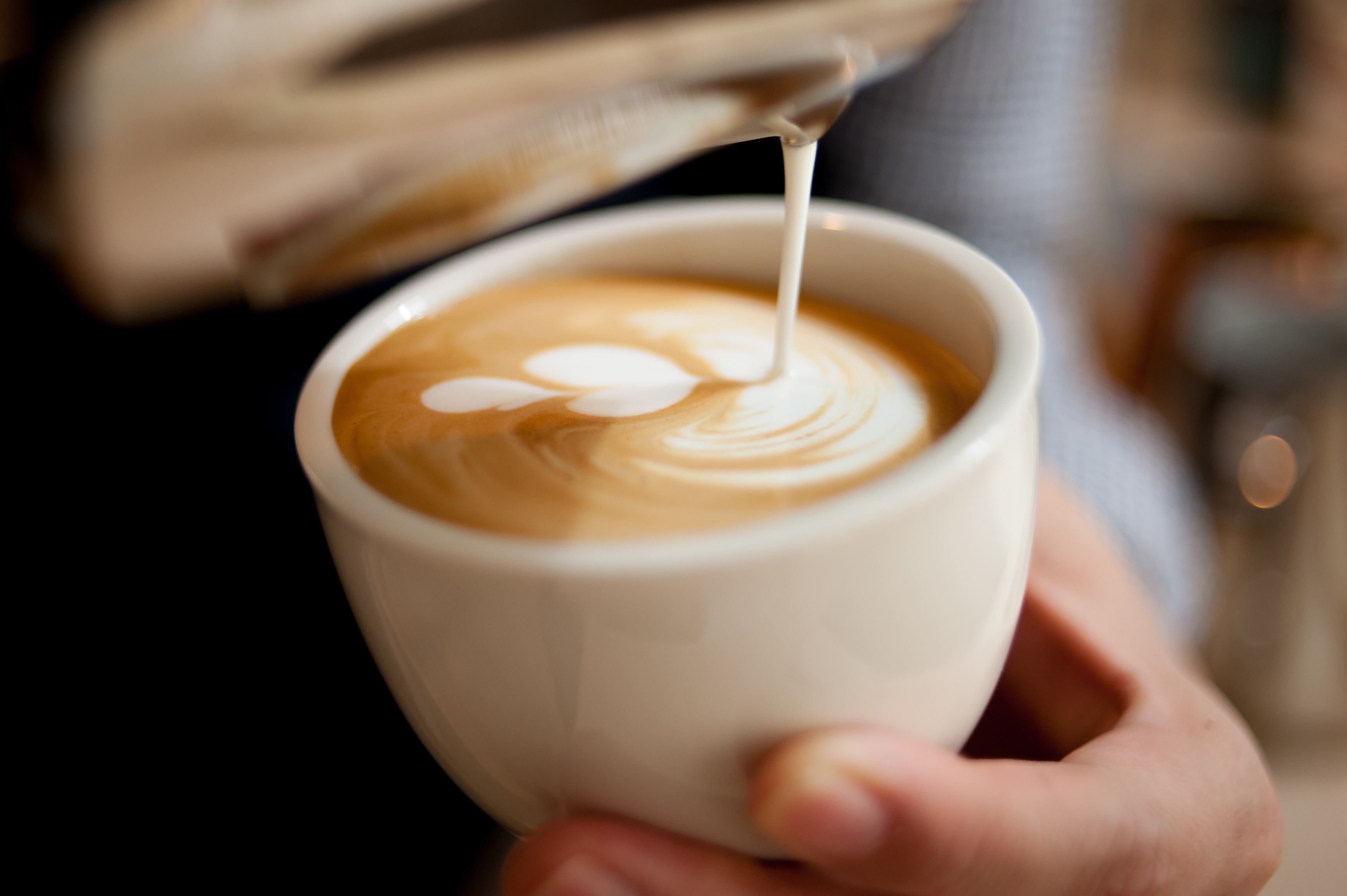 Milk poured into a latte at the bar
